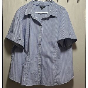 George Women's 3XL (22W-24W) Blue White Pinstripe Button Down Roll-Tab Shirt